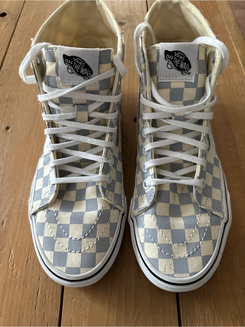 Vans High-Top Checkerboard Sneakers in Cream & Light Gray